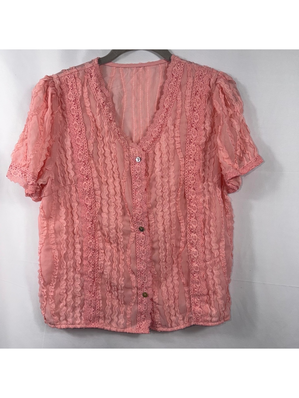 SHEIN Women’s S Pink Lace Ruffle Button Blouse